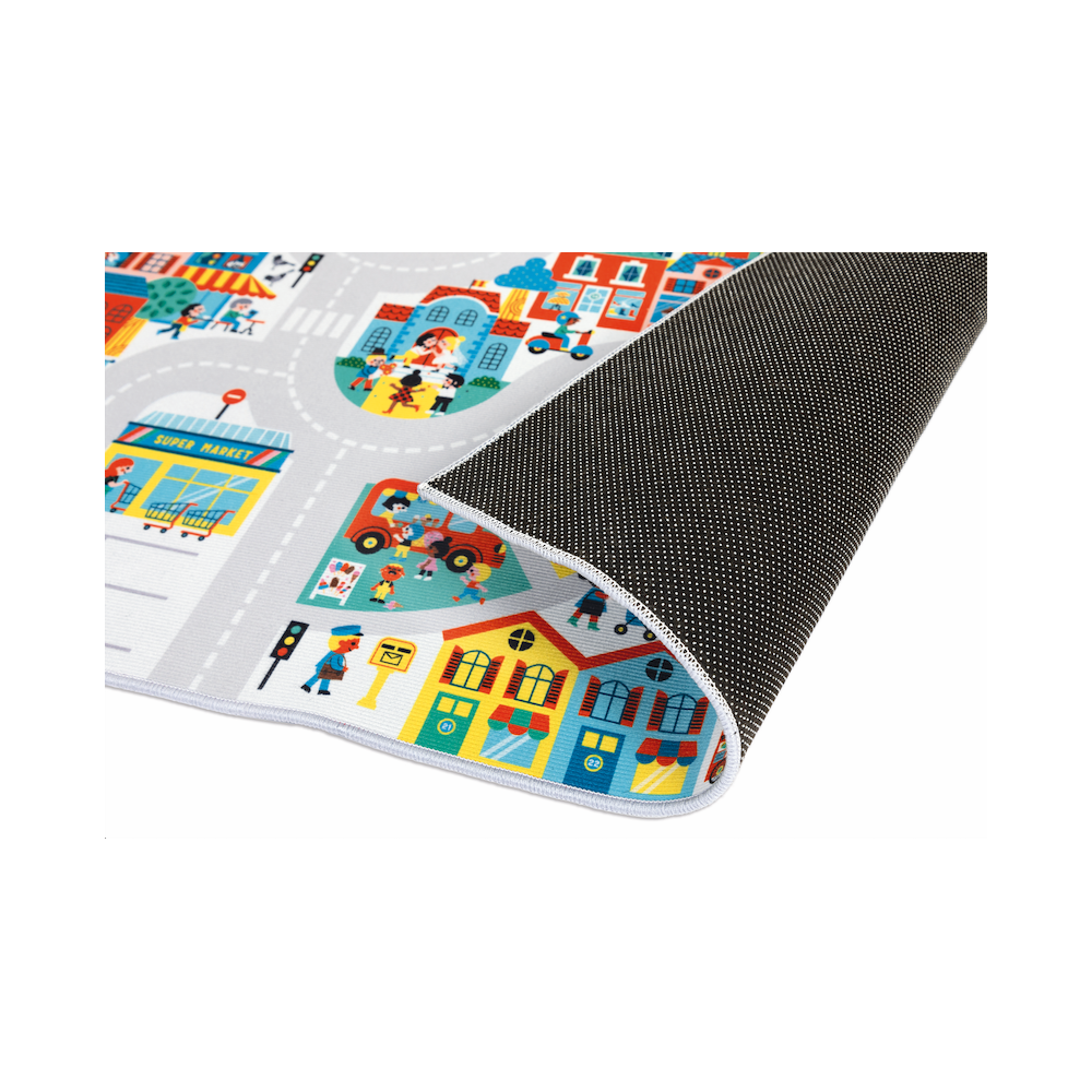 Crossroads City Play Mat showing colorful city streets, buildings, and non-slip backing for children's imaginative play.