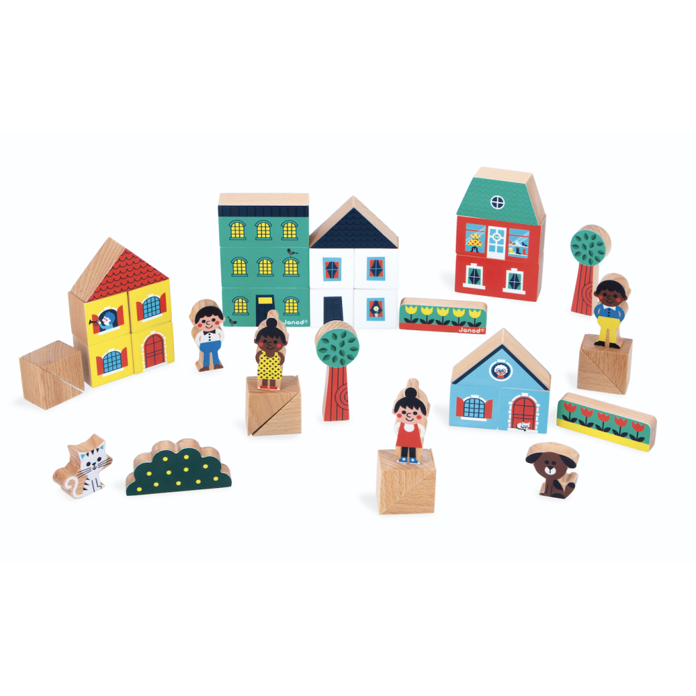 Crossroads City Building Blocks wooden set with colorful houses, trees, characters, and animals for imaginative town play.