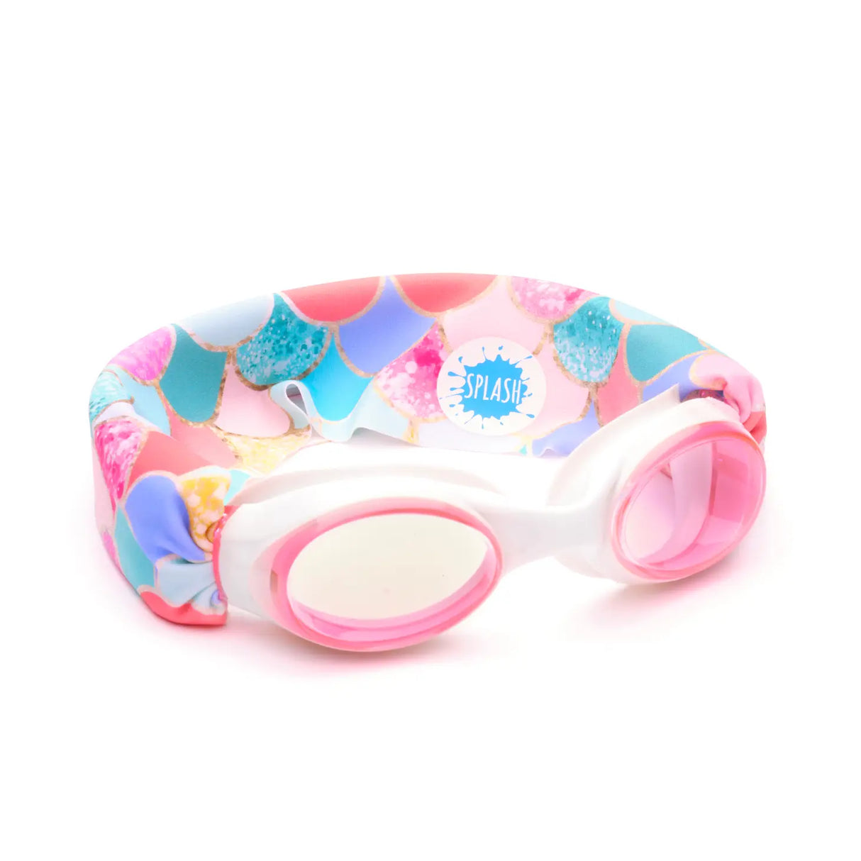 Goggles Mermaid with pink tinted lenses and mermaid scale strap, comfortable fit for kids and adults ages 3+.