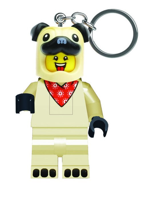 Lego Keylight | Animal keychain light figure with a pug costume and LED lights in feet, posable and 3 inches tall.