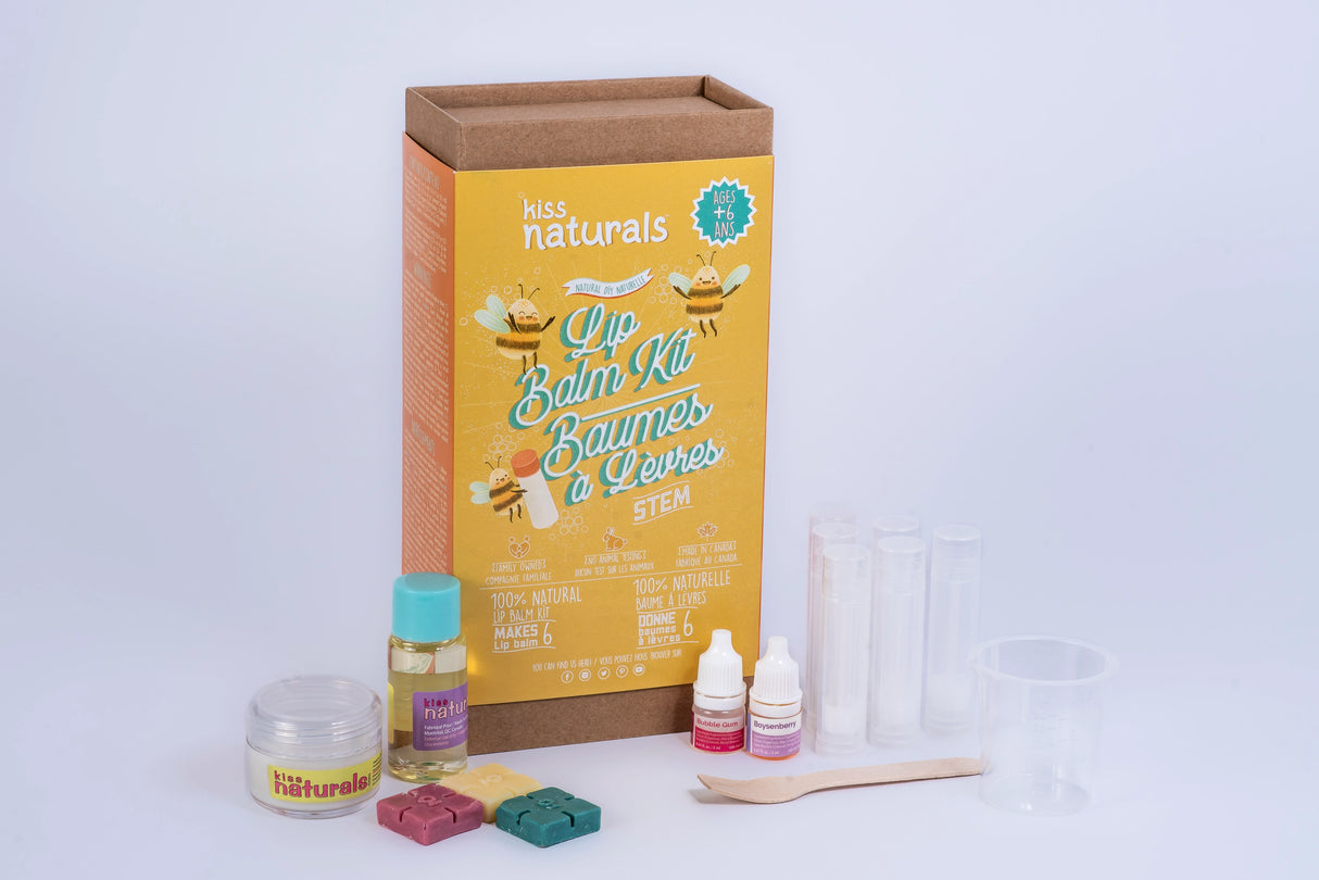 DIY Lip Balm Kit with organic ingredients and tools to make six custom lip balms with natural fragrances.