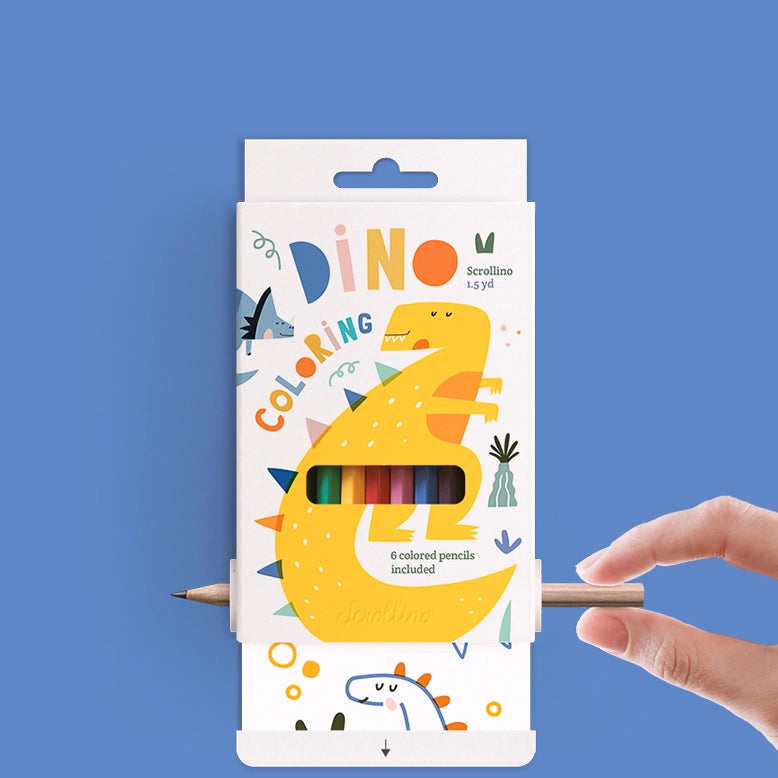 Scrollino Coloring Book | Dino with six colored pencils, featuring a dinosaur-themed 1.5-yard long creative scroll.