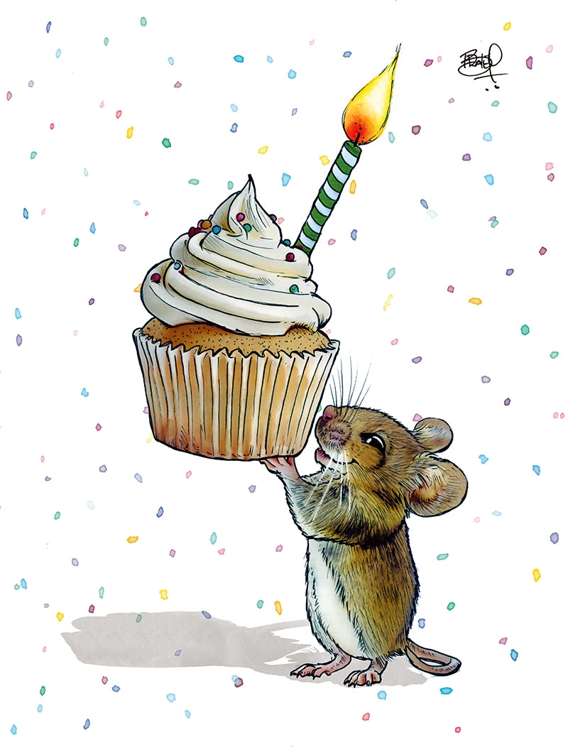 Uplifting Cupcake Birthday Mouse Card showing a mouse holding a cupcake with a lit candle and colorful confetti background