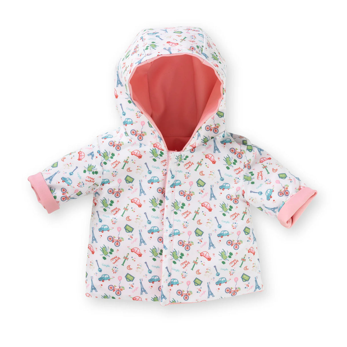 Baby raincoat with hood featuring colorful Paris-themed illustrations and pink cuffs and lining