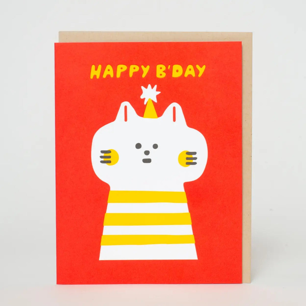 Happy Bday Kitty Card featuring a white cat with yellow stripes and party hat on a bright red background.