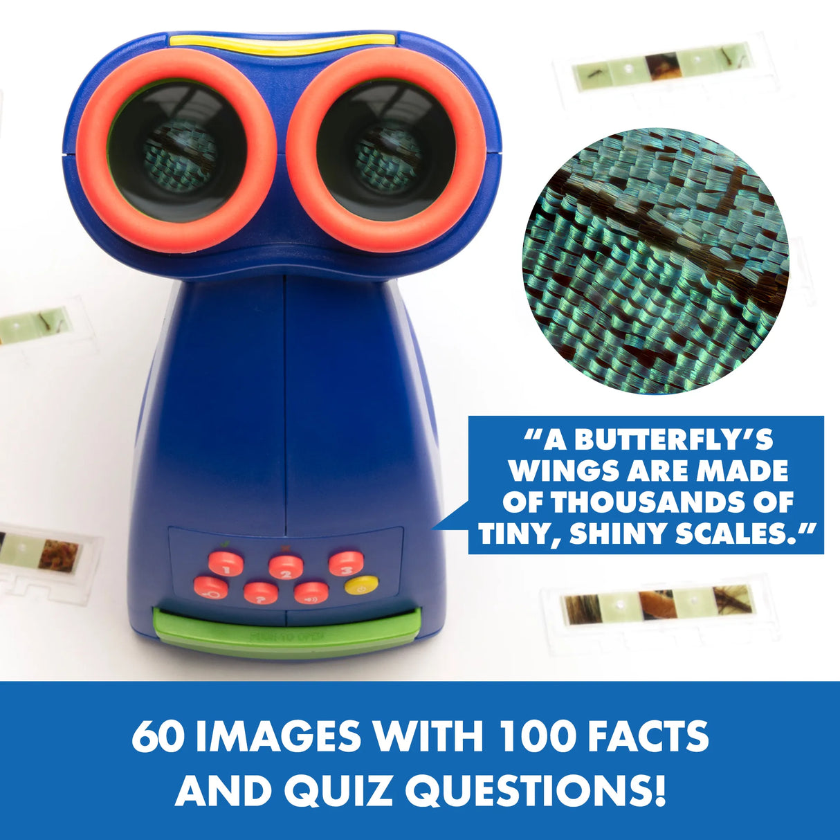 GeoSafari Jr Talking Microscope in blue with red eyepieces and 60 colorful slides for interactive learning.