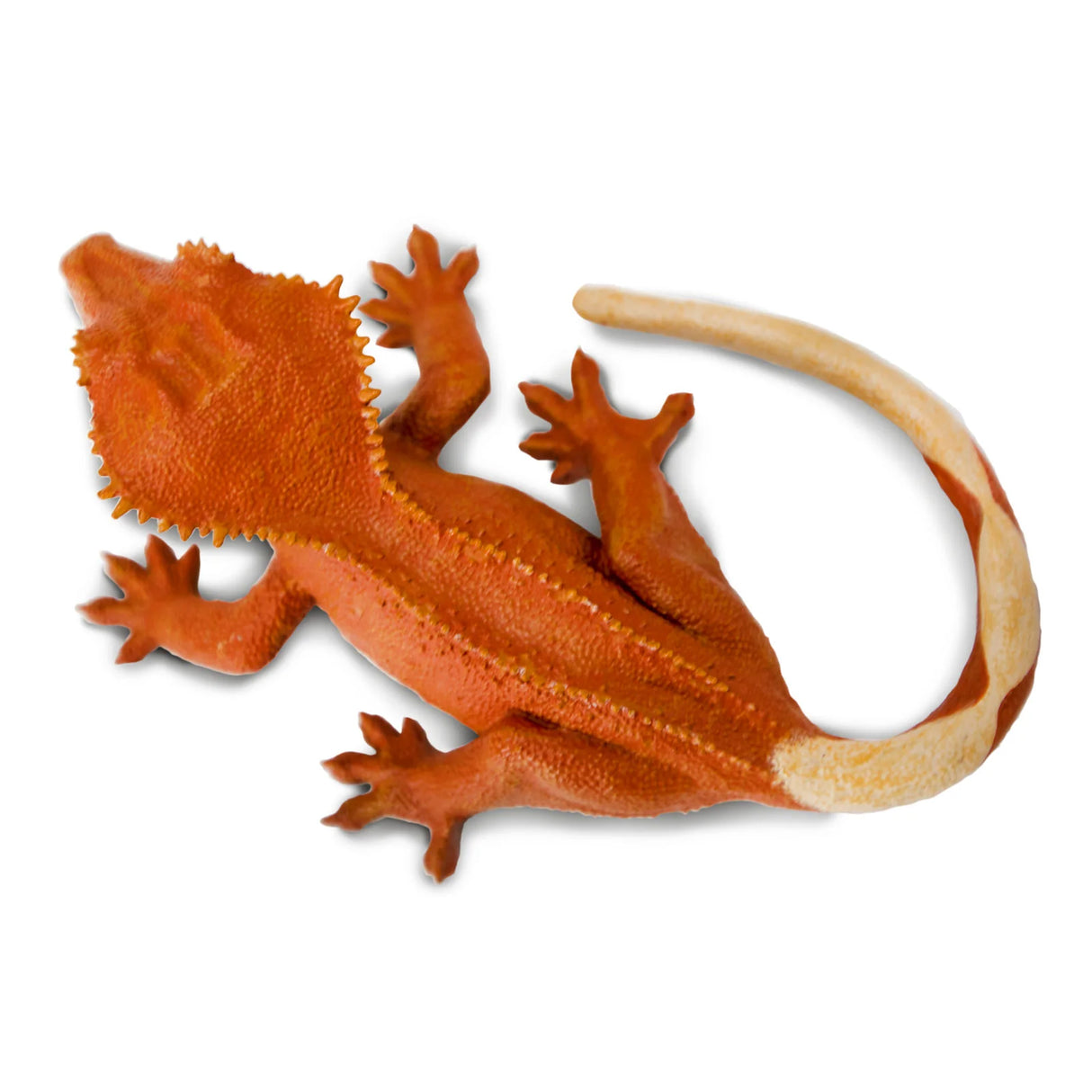 Crested Gecko toy figurine with detailed orange and cream coloring, lifelike scale texture, and realistic spike crest.