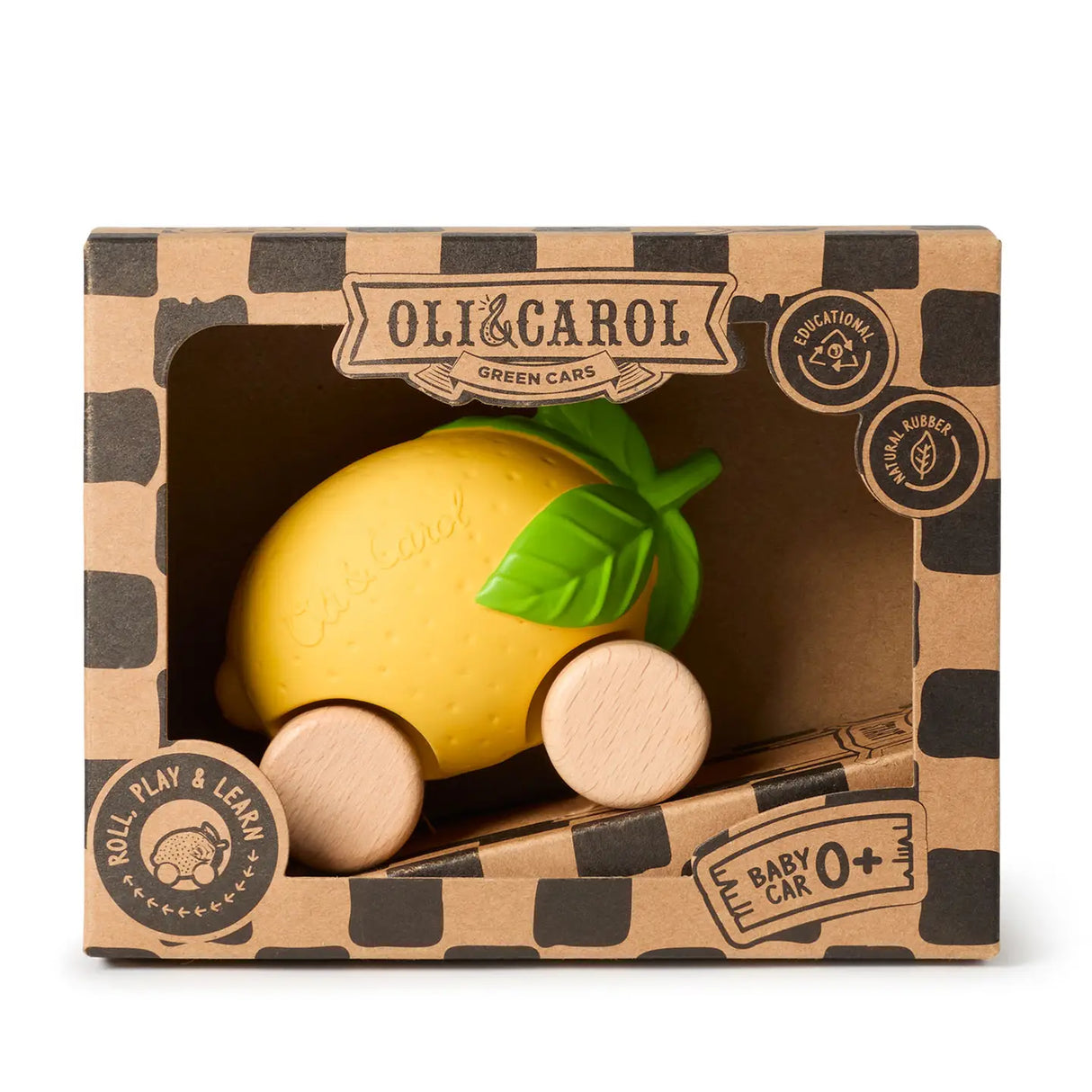 Eco-friendly baby car toy shaped like a lemon made from natural rubber and FSC wood in reusable packaging ramp.
