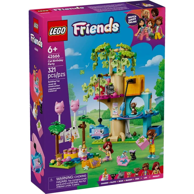 LEGO Friends Cat Birthday Party tree house set with mini figures, cats, balloons, and birthday decorations.