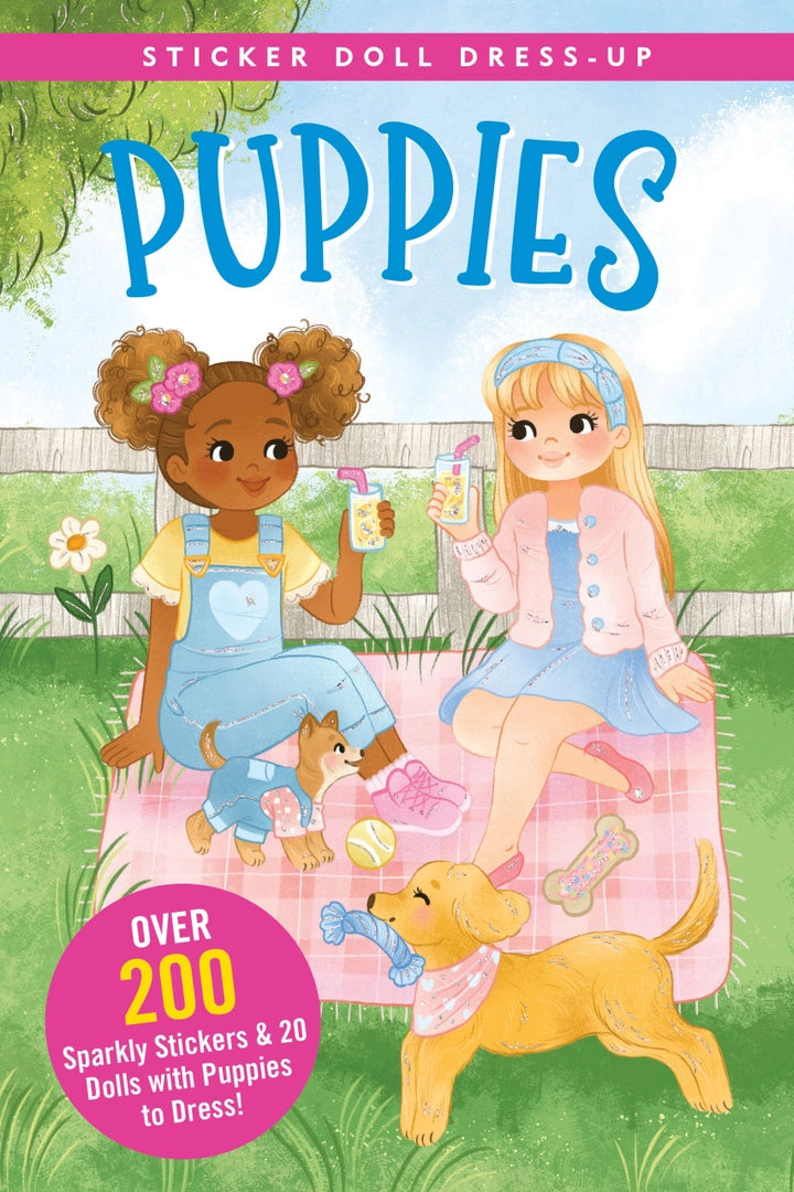 Two girls with puppies enjoying a picnic with drinks and toys in a colorful outdoor setting