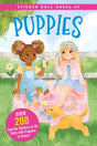Two girls with puppies enjoying a picnic with drinks and toys in a colorful outdoor setting