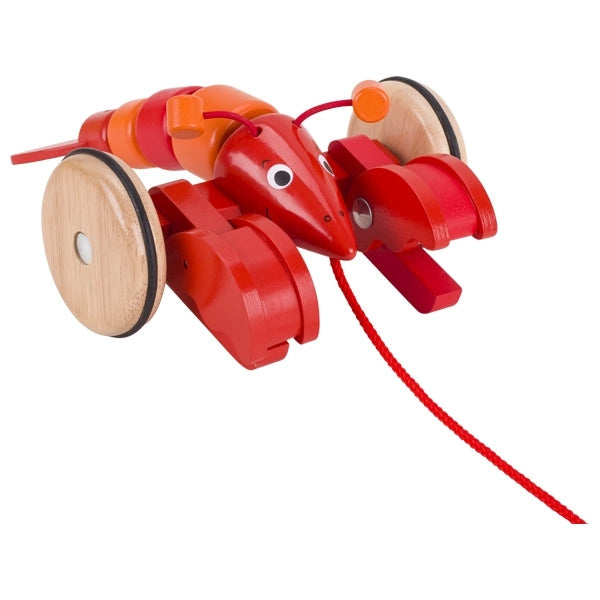 Wooden pull-along lobster toy with movable claws and natural wood wheels for seaside-inspired play.