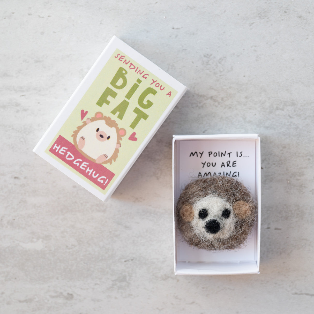 Sending You a Hedgehug Matchbox with a handmade wool felt hedgehog and a message card inside a small matchbox.