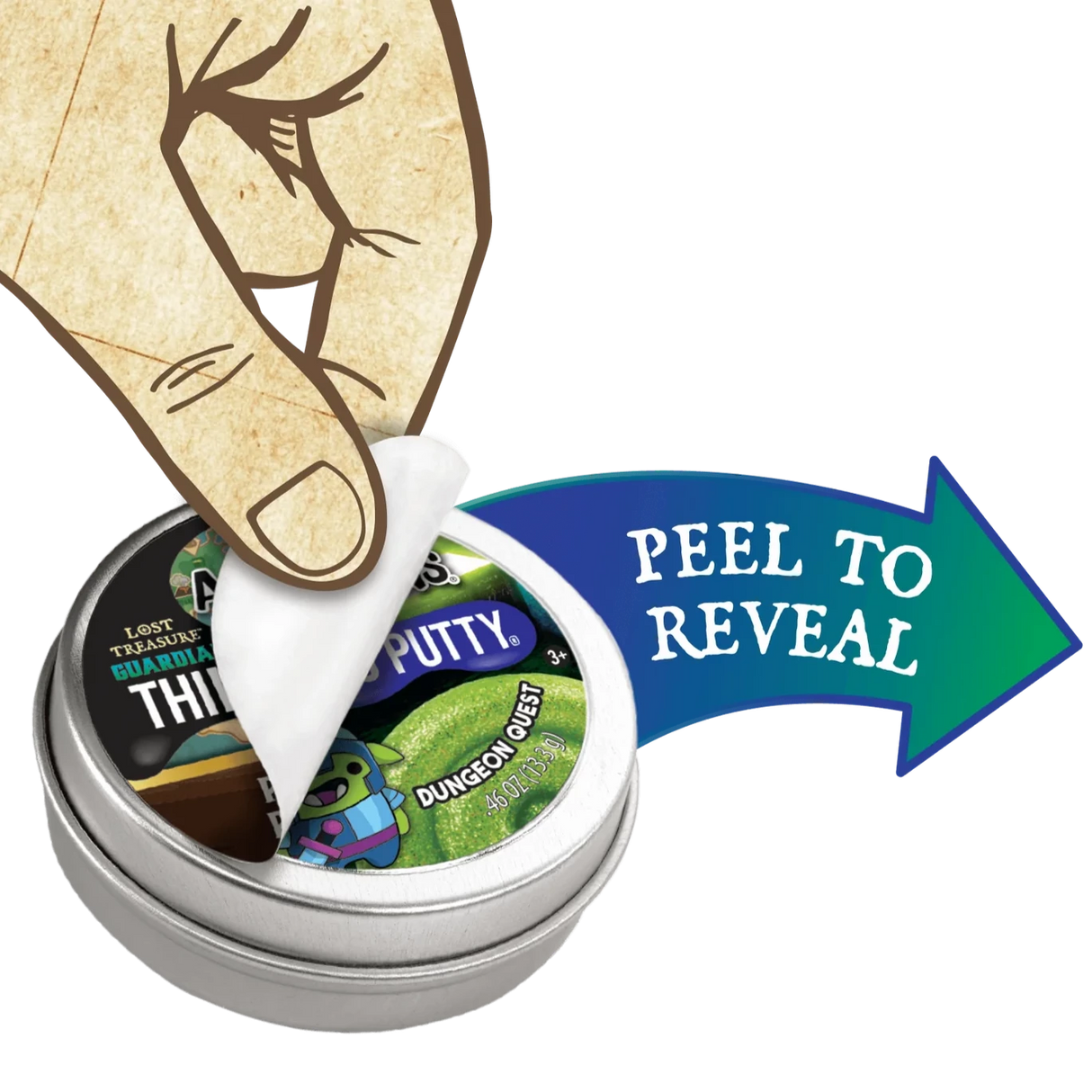Mini Lost Treasure Guardians Thinking Putty tin with peel-to-reveal label and mystery putty inside.