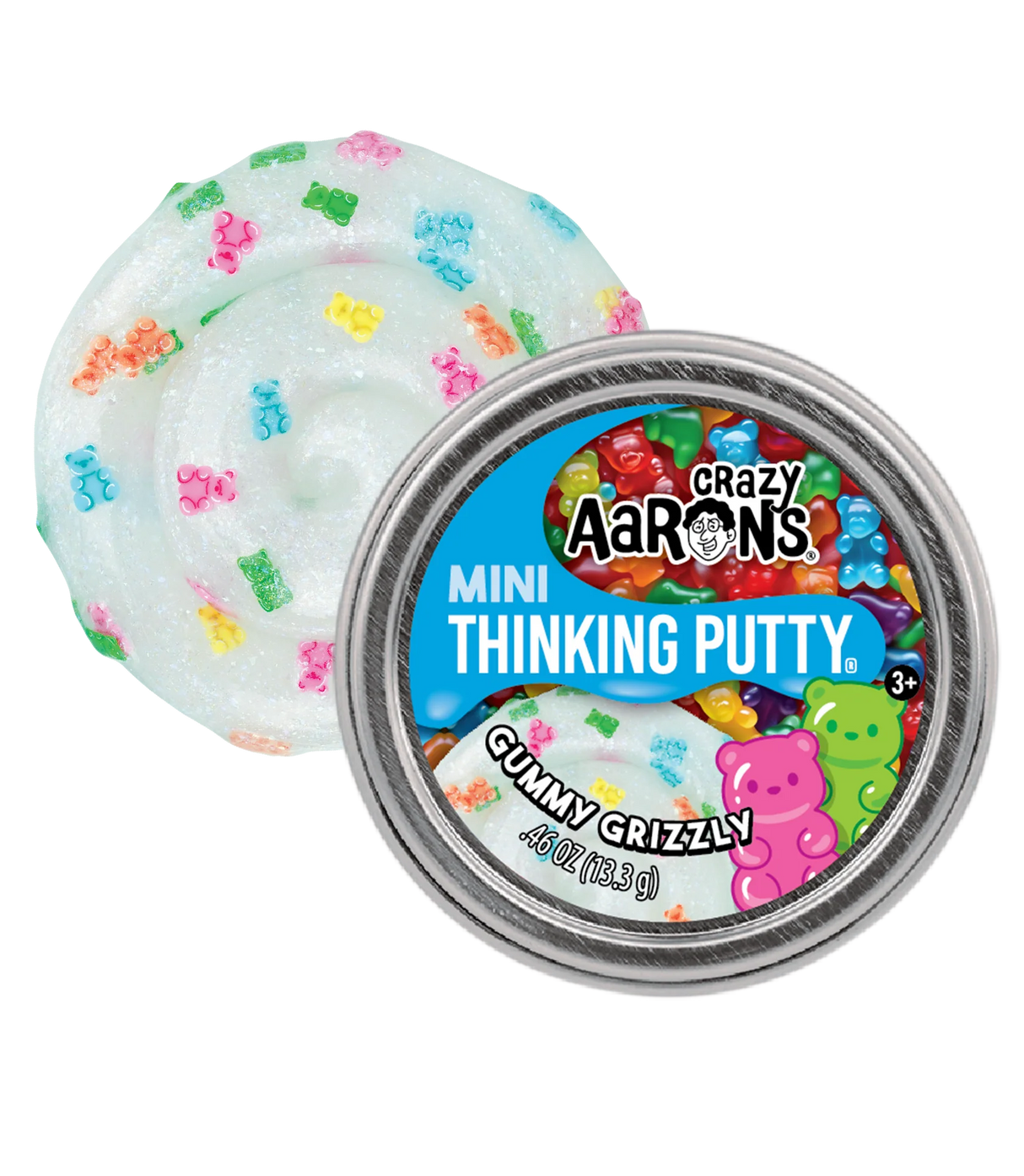 Shimmery white putty with colorful bear-shaped pieces beside a metal tin labeled Mini Thinking Putty Gummy Grizzly