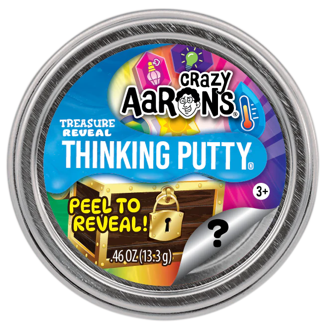 Round container of Crazy Aaron’s Treasure Reveal Thinking Putty with colorful label showing a locked treasure chest and peel-to-reveal feature
