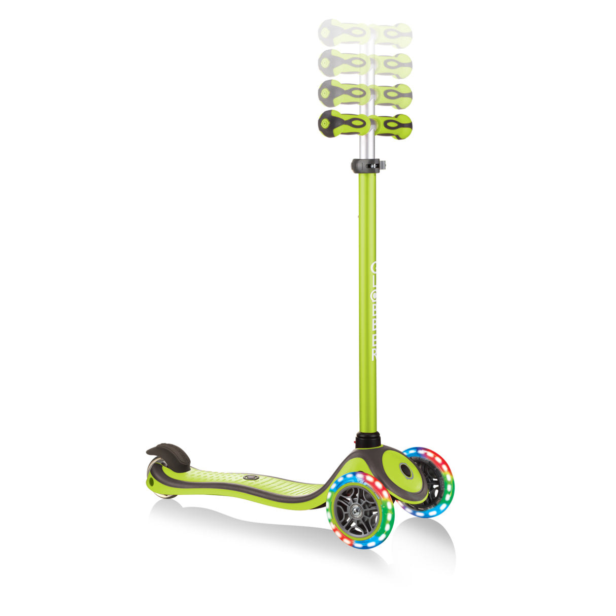 Scooter Primo Light Up Foldable | Green with adjustable handlebar and LED light-up wheels for kids.