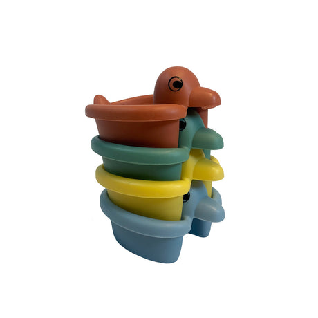 Stacked colorful duck-shaped boats made from recycled plastic for bath time fun, Re:line Bath Ducks set.