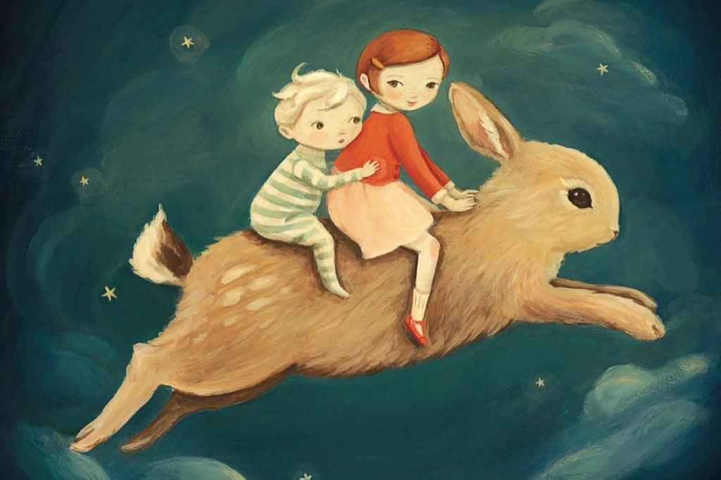 20pc Mini Bunny Dreamers Puzzle showing two children riding a large bunny through a starry dream world sky.