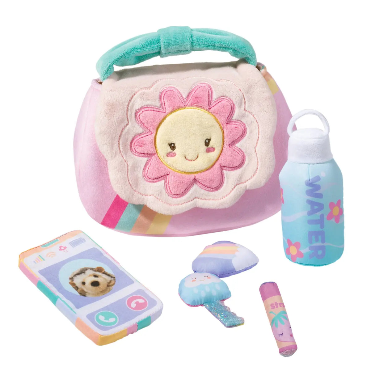 Soft plush purse with flower applique, toy phone, key, water bottle, and lip gloss in My First Purse set for toddlers.