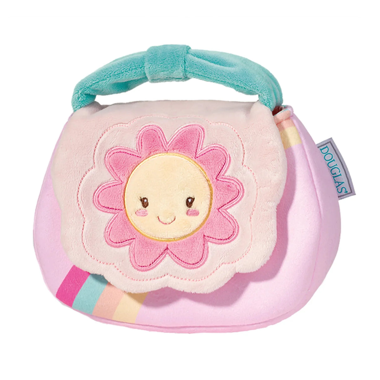 My First Purse soft pink toddler handbag with smiling flower applique and teal handle for imaginative play.