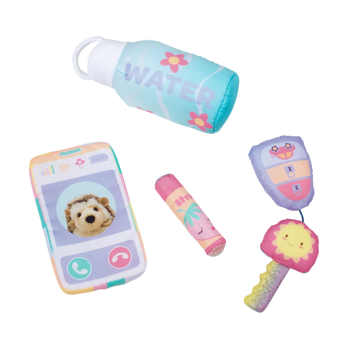 My First Purse plush accessories set including water bottle, phone with hedgehog, lip gloss, and key fob for toddlers.