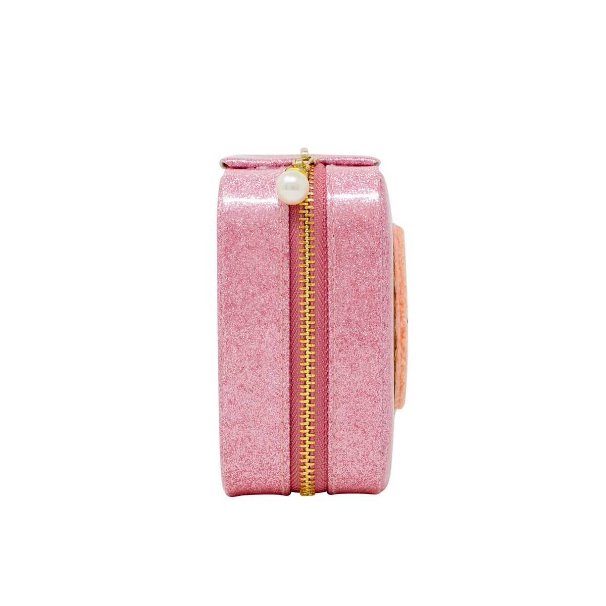Happy Face Sparkle Jewelry Box in pink glitter with gold zipper