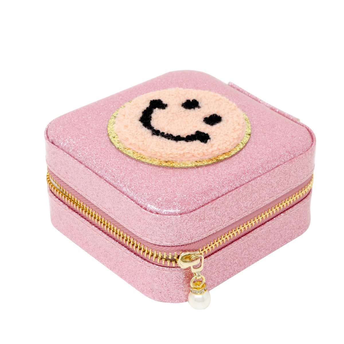 Happy Face Sparkle Jewelry Box in pink glitter with a smiling face design and gold zipper