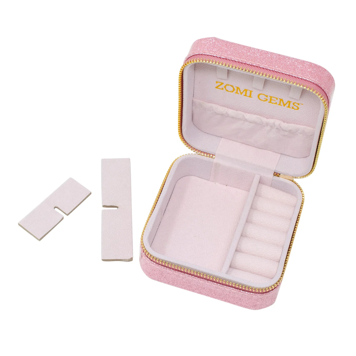 Happy Face Sparkle Jewelry Box open pink jewelry box with ring rolls and compartments