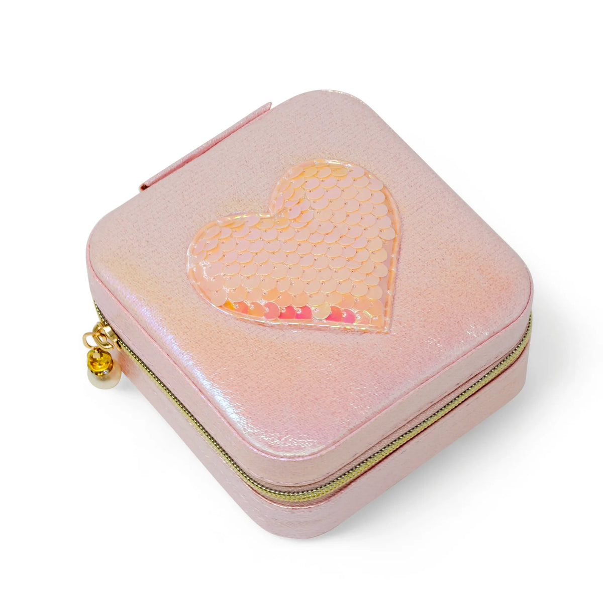 Sparkling Sequin Heart Jewelry Box in pink with a shimmering heart design
