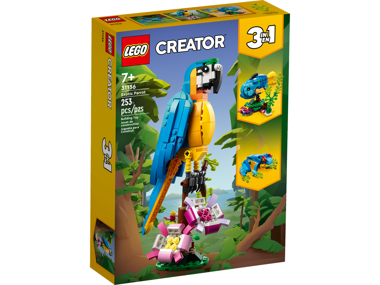 LEGO Creator 3-in-1 Exotic Parrot building set for kids featuring a colorful parrot, fish, and frog models.