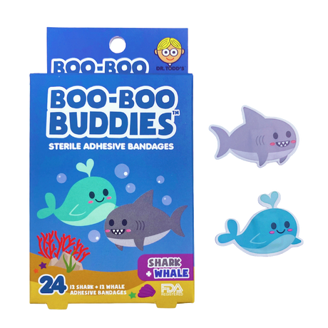 Shark & Whale Bandages with 24 sterile adhesive hydrocolloid bandages shaped like sharks and whales.