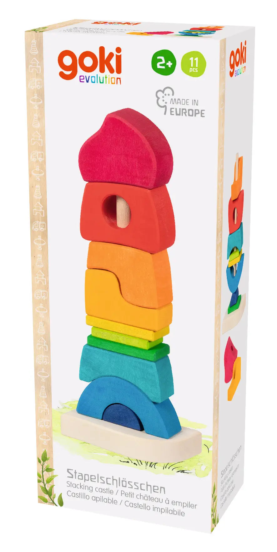 Colorful wooden stacking castle toy with eleven pieces for creative play and learning balance skills.