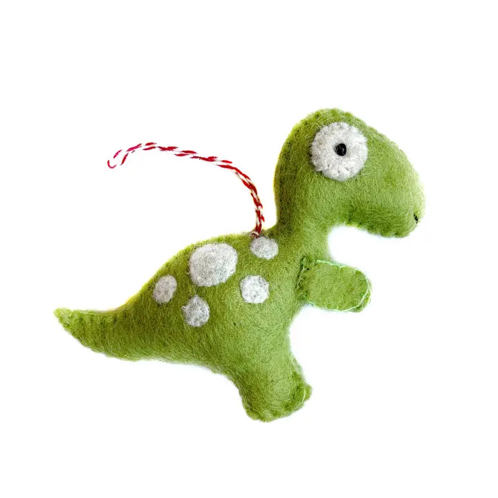 Green T Rex Felt Ornament, handmade wool dinosaur with white spots and hanging loop, soft and colorful holiday decor.