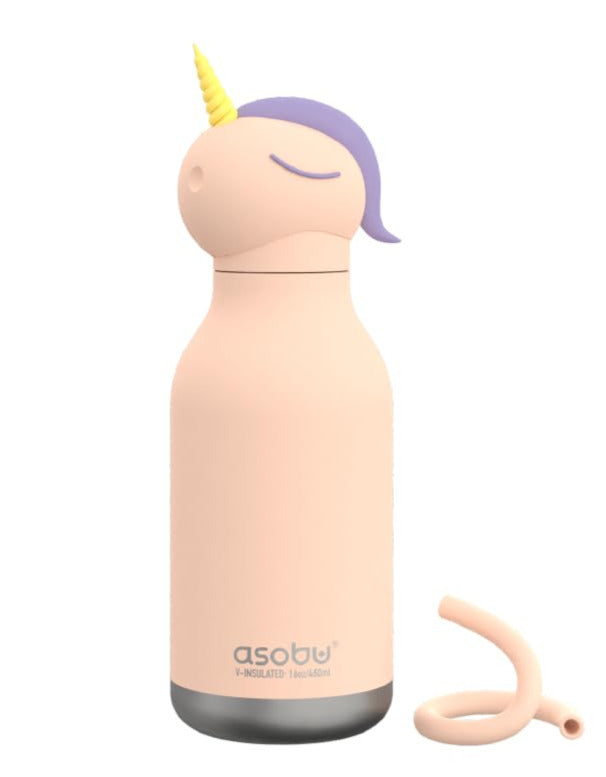 Asobu Water Bottle | Unicorn with a soft unicorn head lid and flexible reusable straw, 16-ounce spill-proof kids bottle.