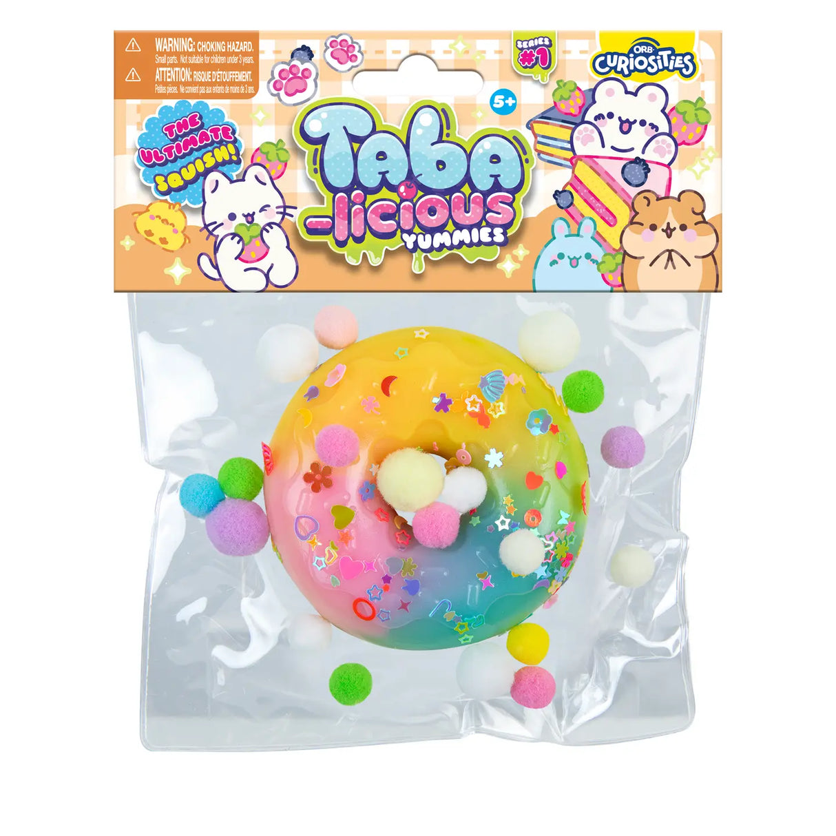 Taba-licious Mega Yummies Squishy colorful round pastry with pom-poms and star decorations in clear packaging