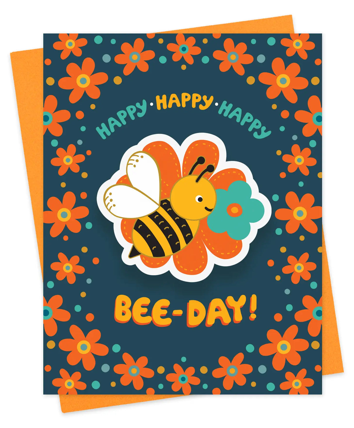 Happy Bee-Day Sticker Birthday Card with cheerful bee and colorful flowers on dark background and orange envelope.