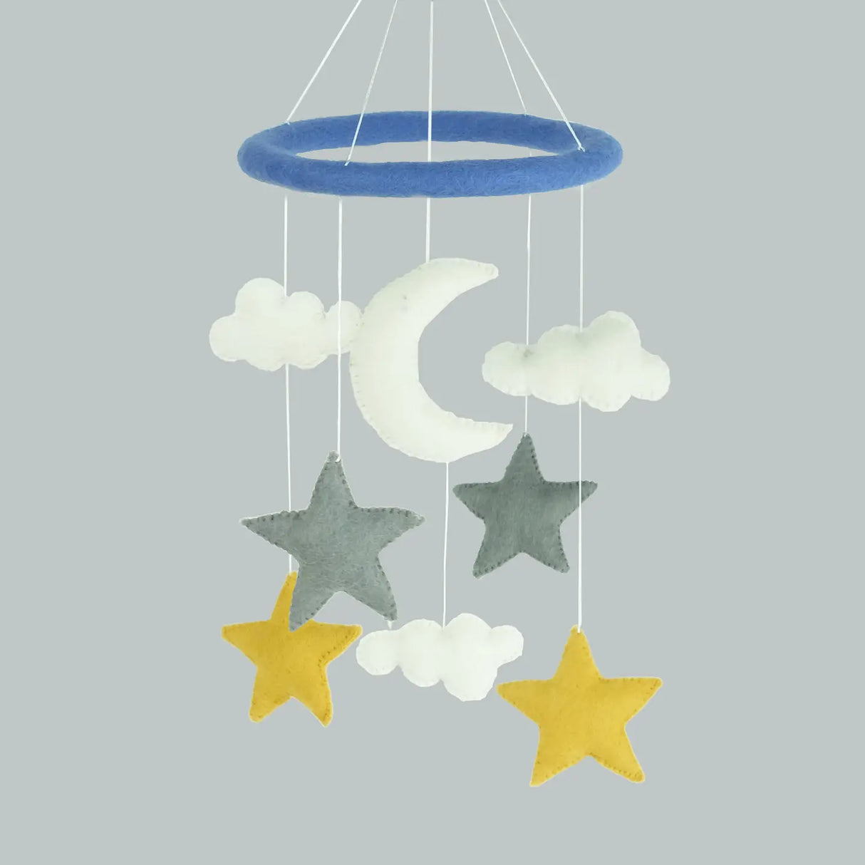 Felt Mobile | Stars and Moon hanging nursery decor with handmade felt stars, moon, and clouds in soft colors.