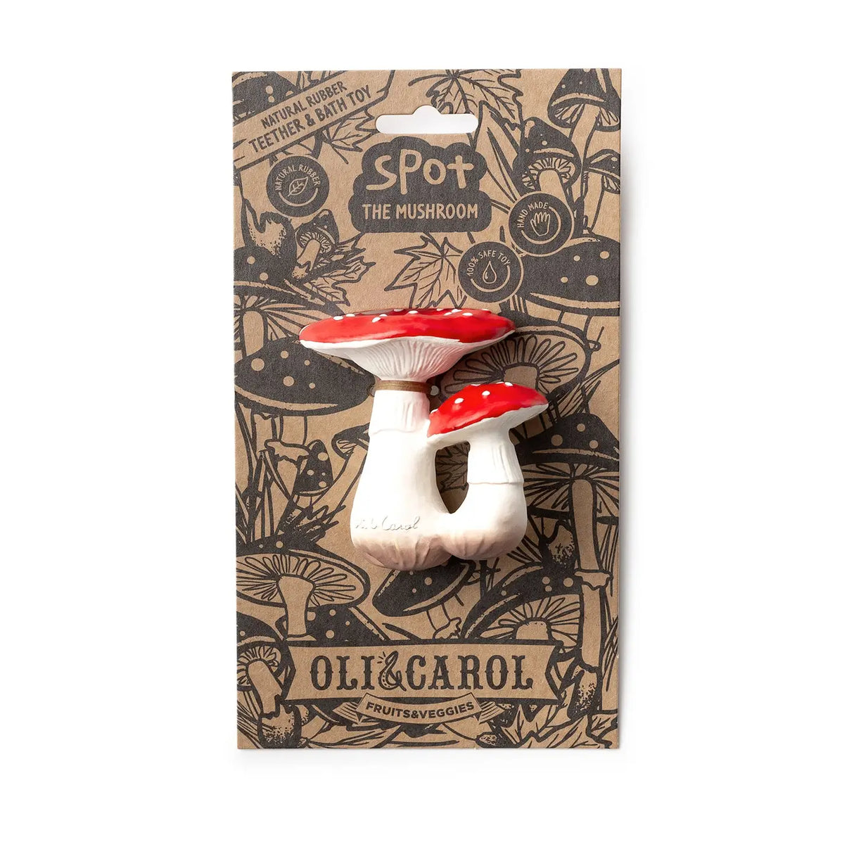 Natural rubber baby teether shaped like a red and white mushroom for safe sensory and teething play.