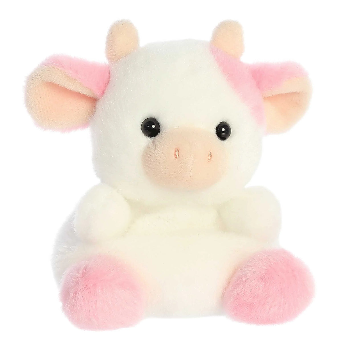 Palm Pals Strawberry Cow Belle plush toy with soft white and pink fur, 5 inches, perfect for all ages.