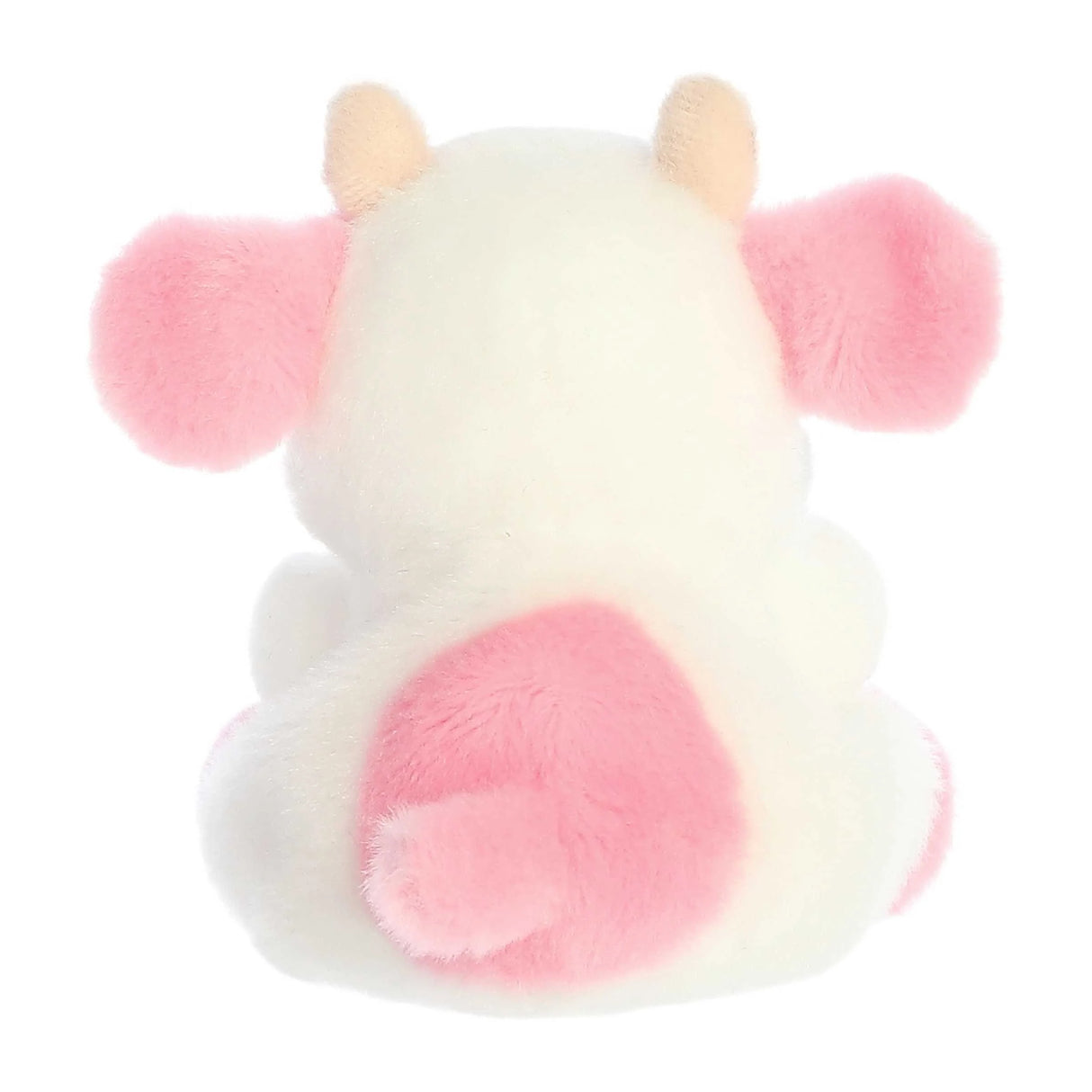 Palm Pals Strawberry Cow Belle plush toy with soft pink and white fur, measuring 5 inches in size.