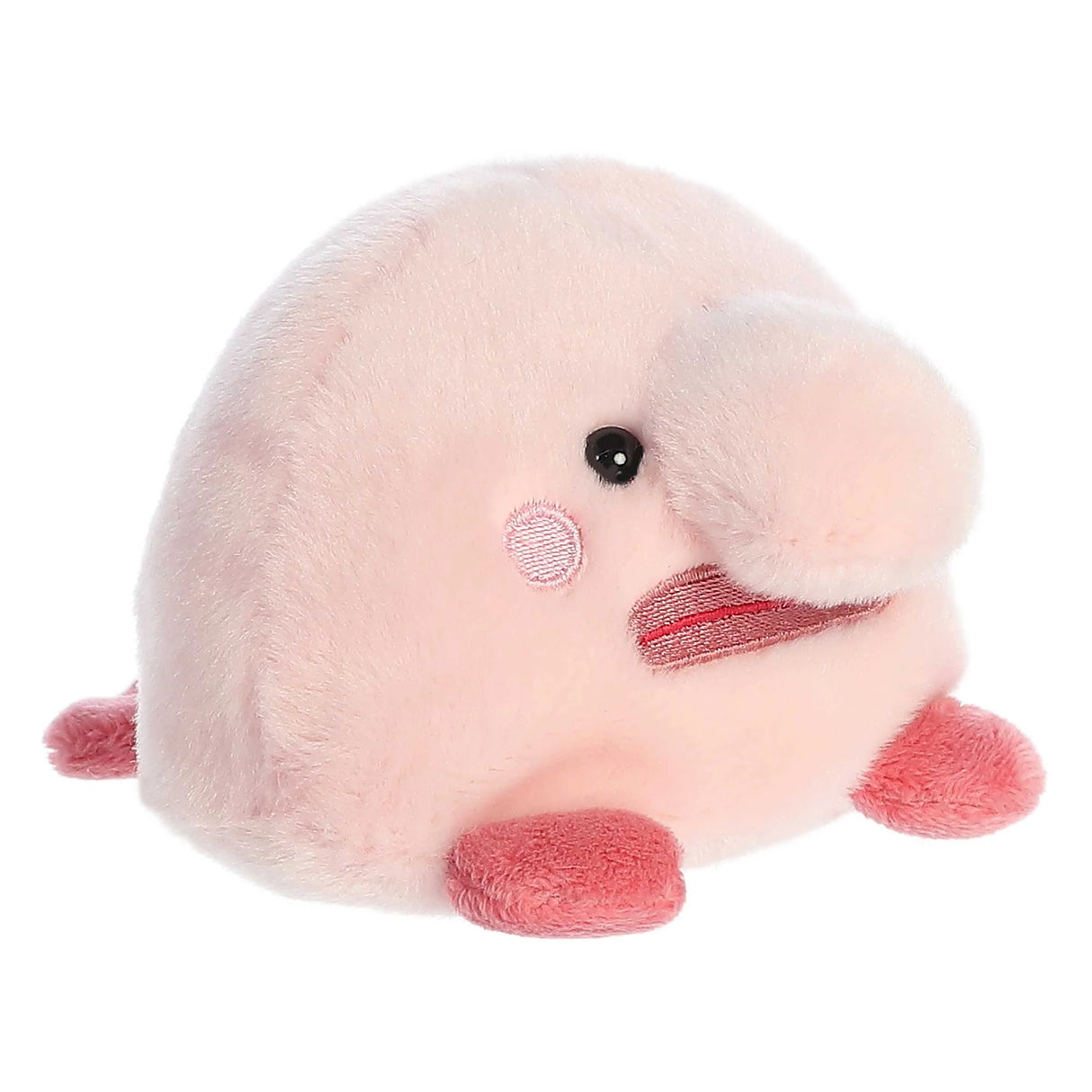 Palm Pals Blobfish Bart plush, a soft 5-inch cute pink blobfish with cheerful face and round body.