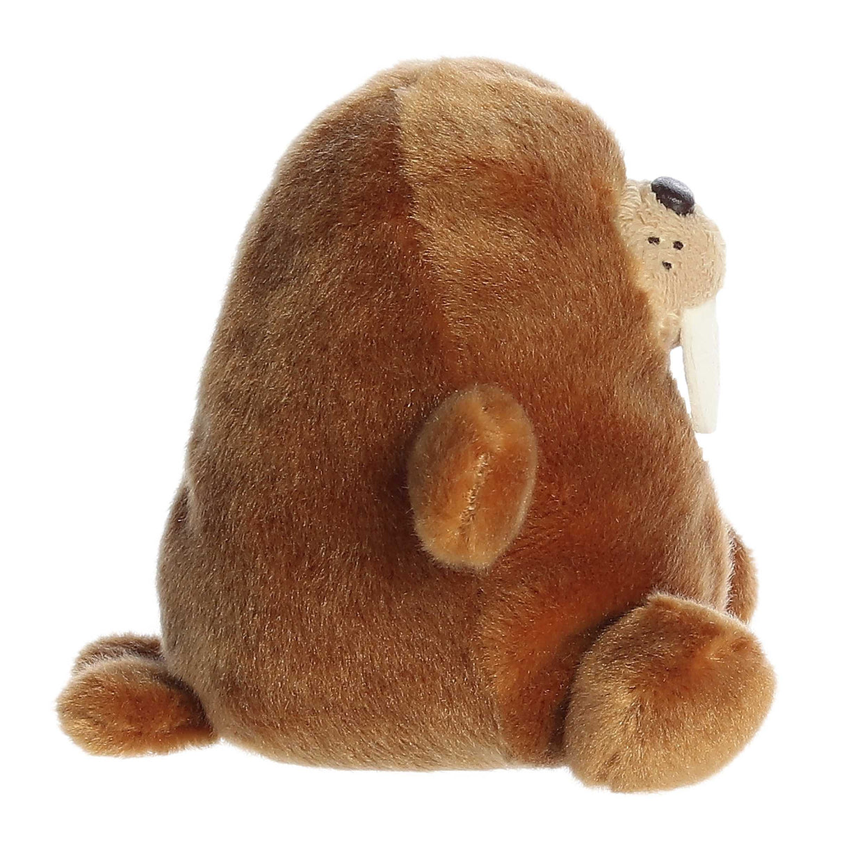 Palm Pals Walrus Waldo plush toy shown from the side, soft brown fabric with tusks and flippers.
