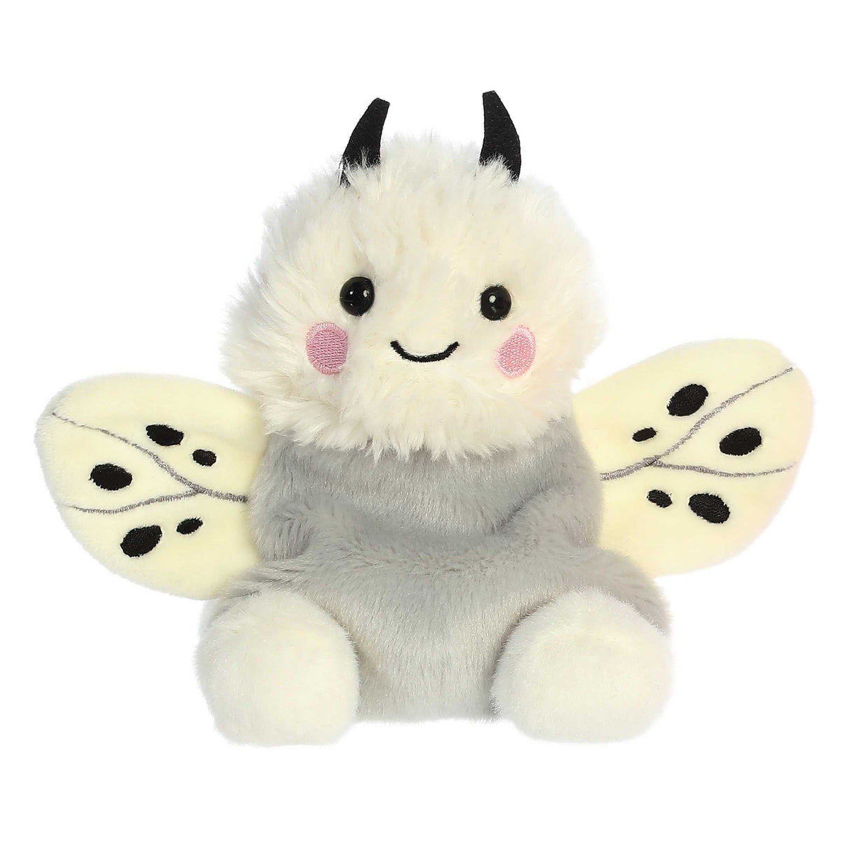 Palm Pals Moth Astra plush toy with soft fluffy texture, bean pellets, and a friendly smiling face, perfect for all ages.