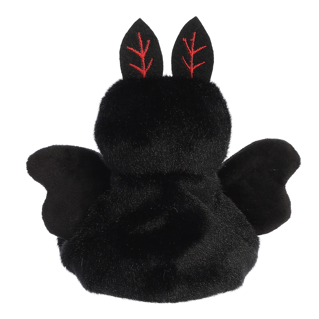 Soft black plush Mothman Mortimer with red stitched ears and outstretched wings, facing away from view