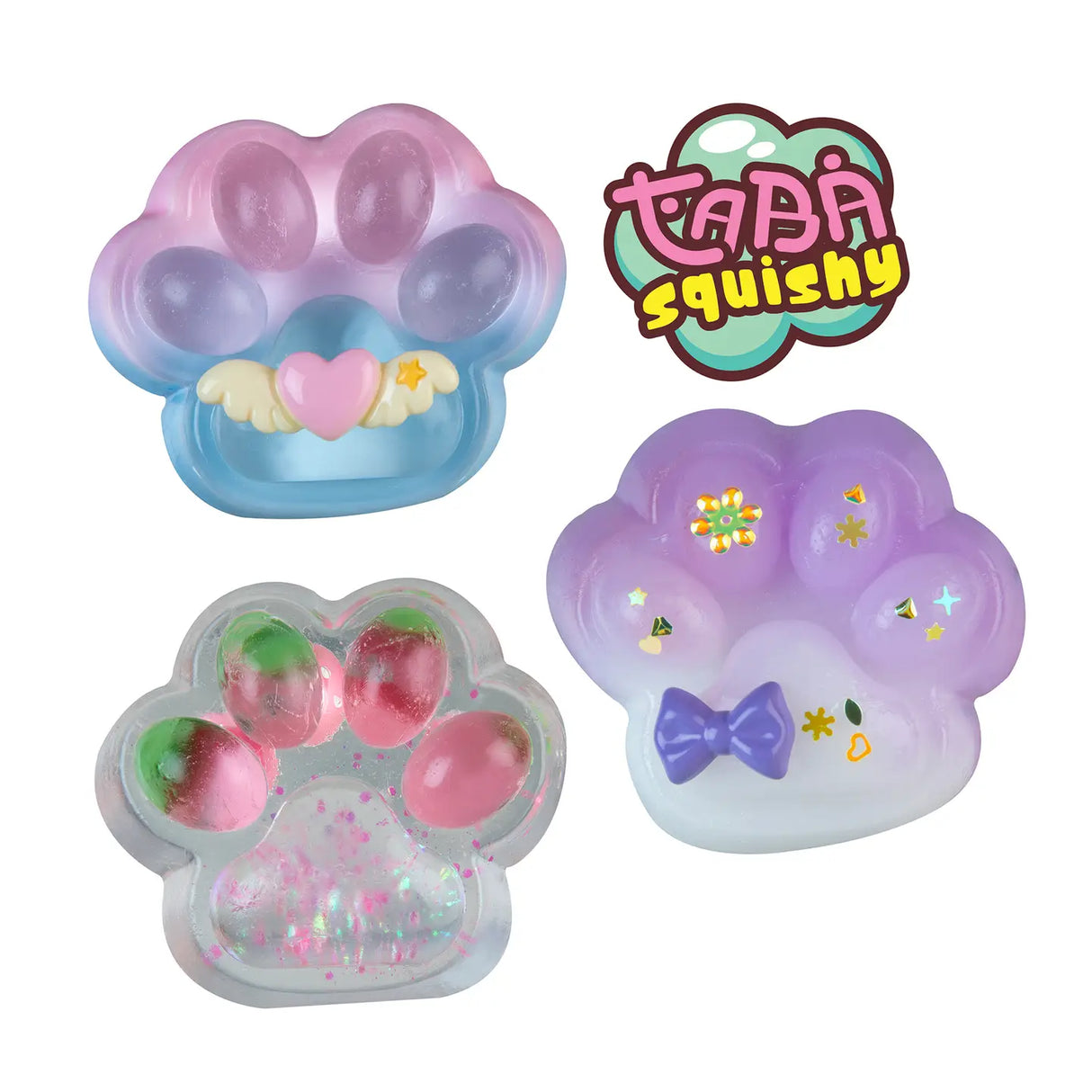 Taba-licious Mega Paws Squishy in assorted styles, colorful paw-shaped stress relief toys with cute decorations.
