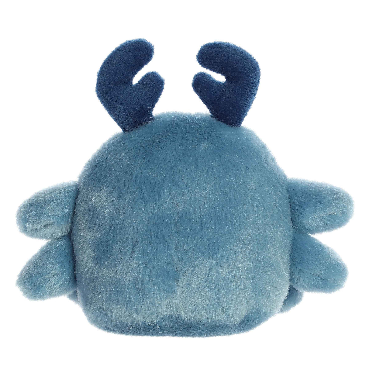 Soft blue plush beetle toy with dark blue antennae and multiple small legs on a white background