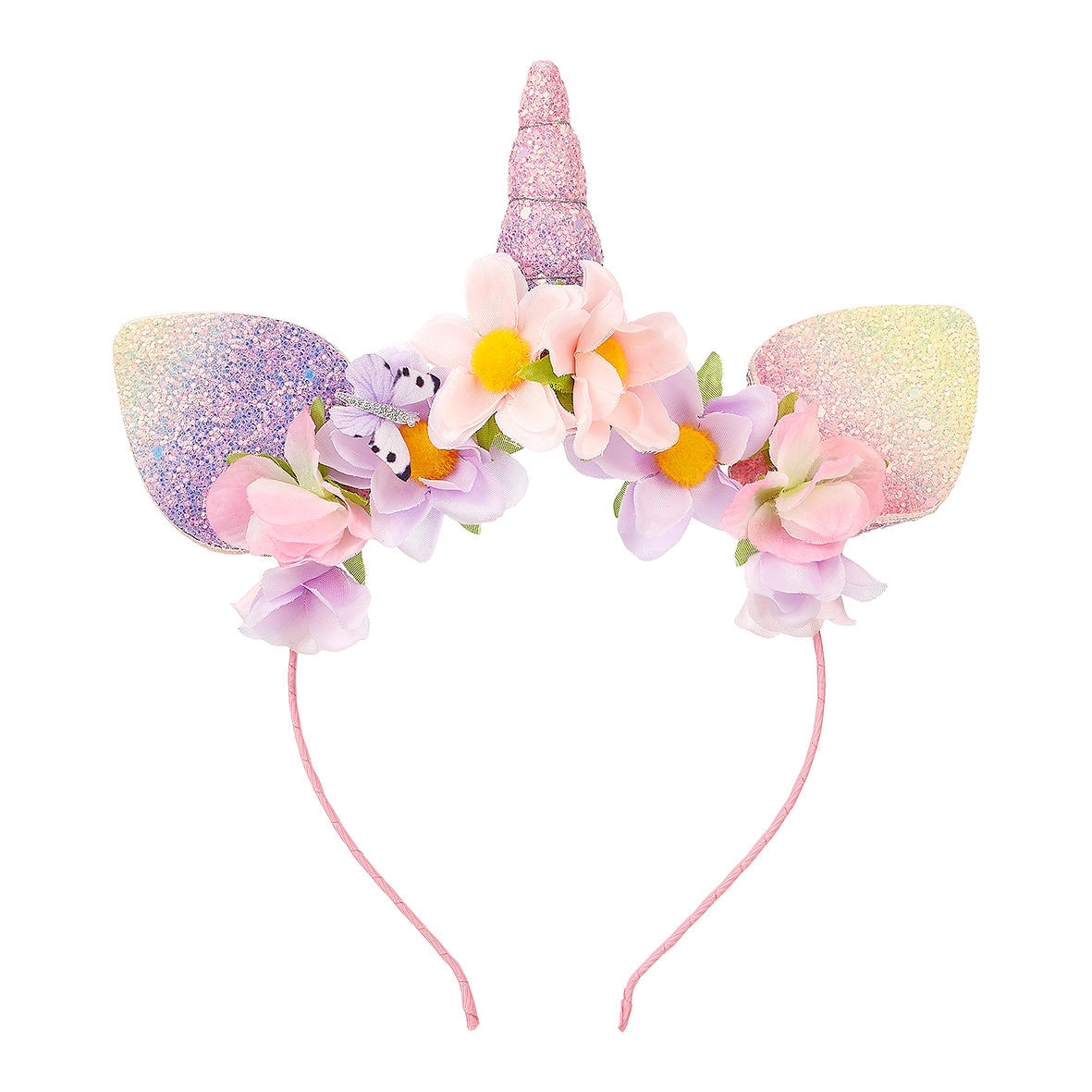 Lilac unicorn headband with glittery ears and horn adorned with pastel pink and purple flowers for kids ages three and up