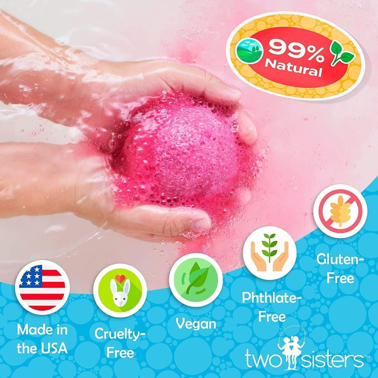 Hands holding a pink bubble bath bomb in water with labels for natural, vegan, cruelty-free, and gluten-free features