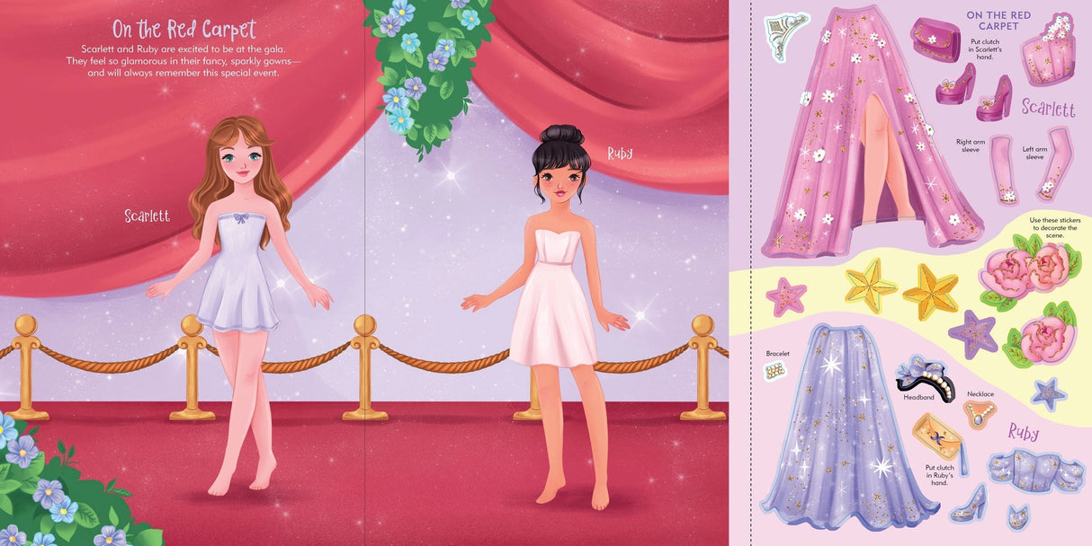 Two illustrated girls in white dresses on a red carpet with fashion stickers for customizing outfits nearby